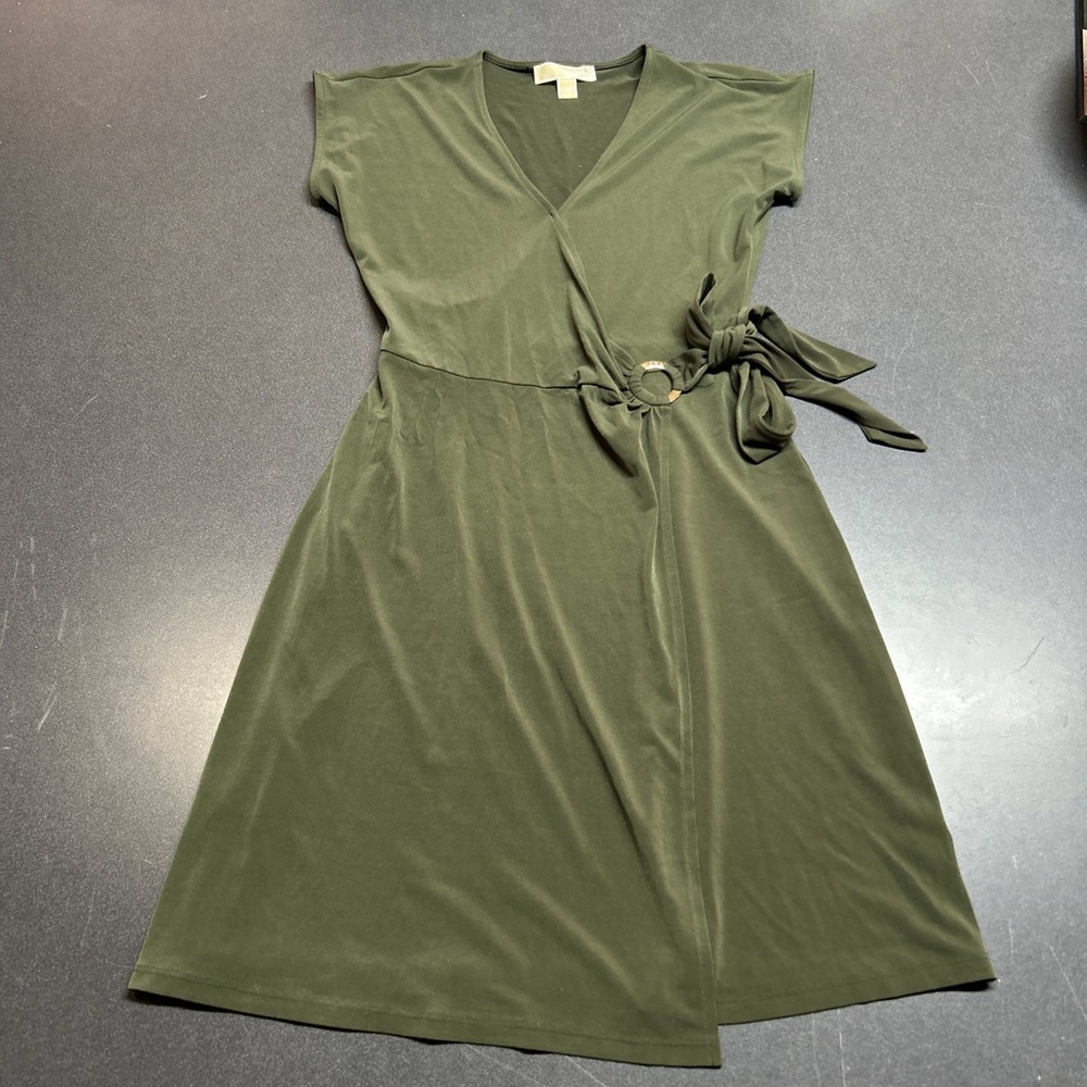 Michael Kors Olive Green Faux Wrap Dress V-Neck Cap Sleeve O-Ring Size XS Career